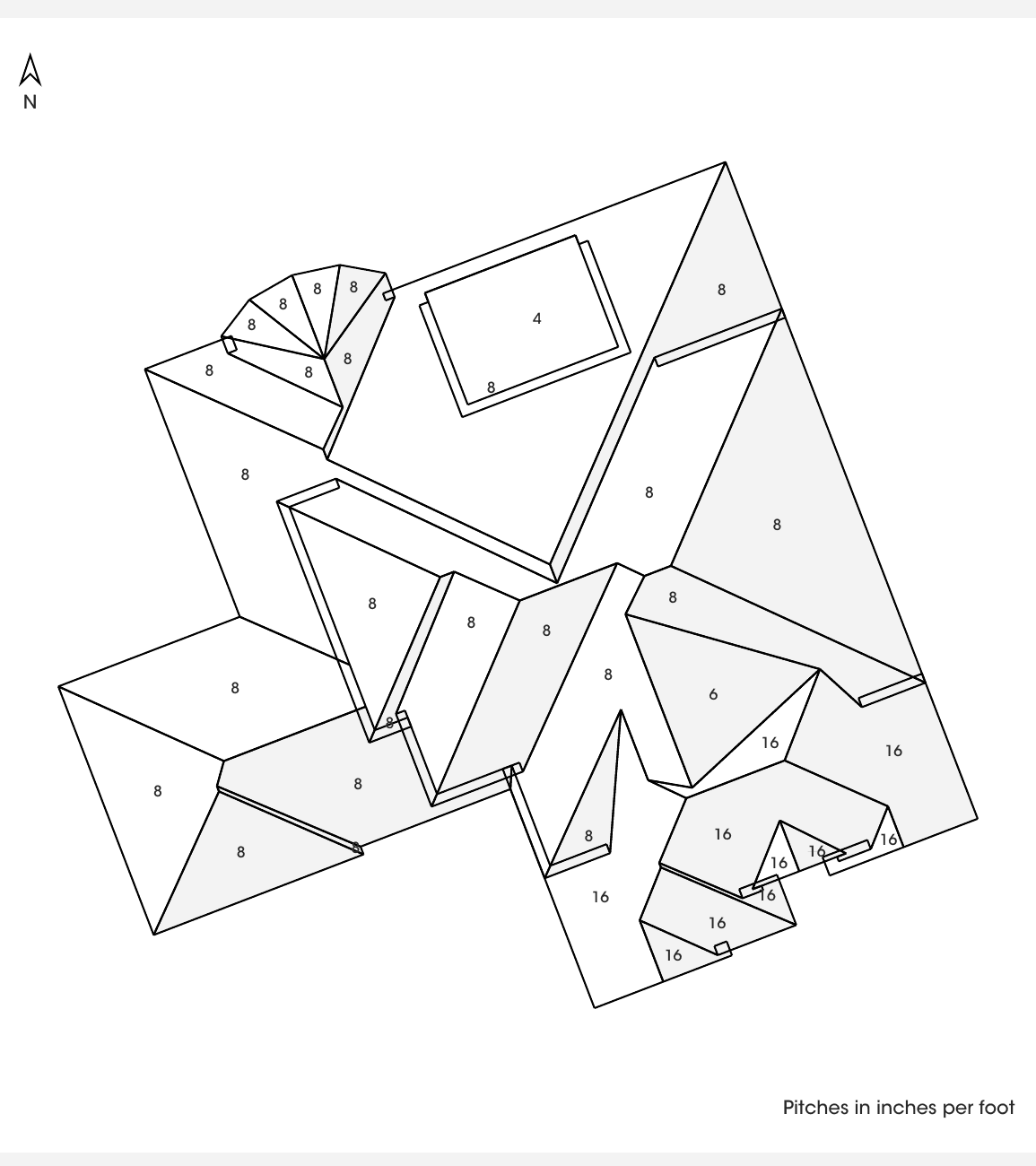 Roof pitch and slopes map showing pitch distribution including 8/12 and 16/12 areas.