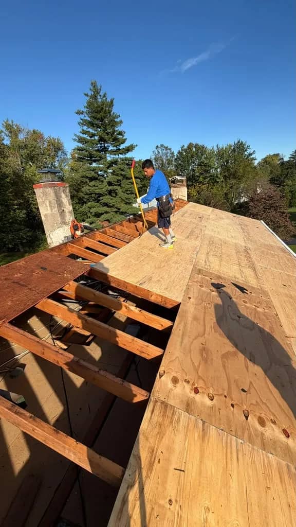Open roof framing beside plywood during the Chalfont decking replacement