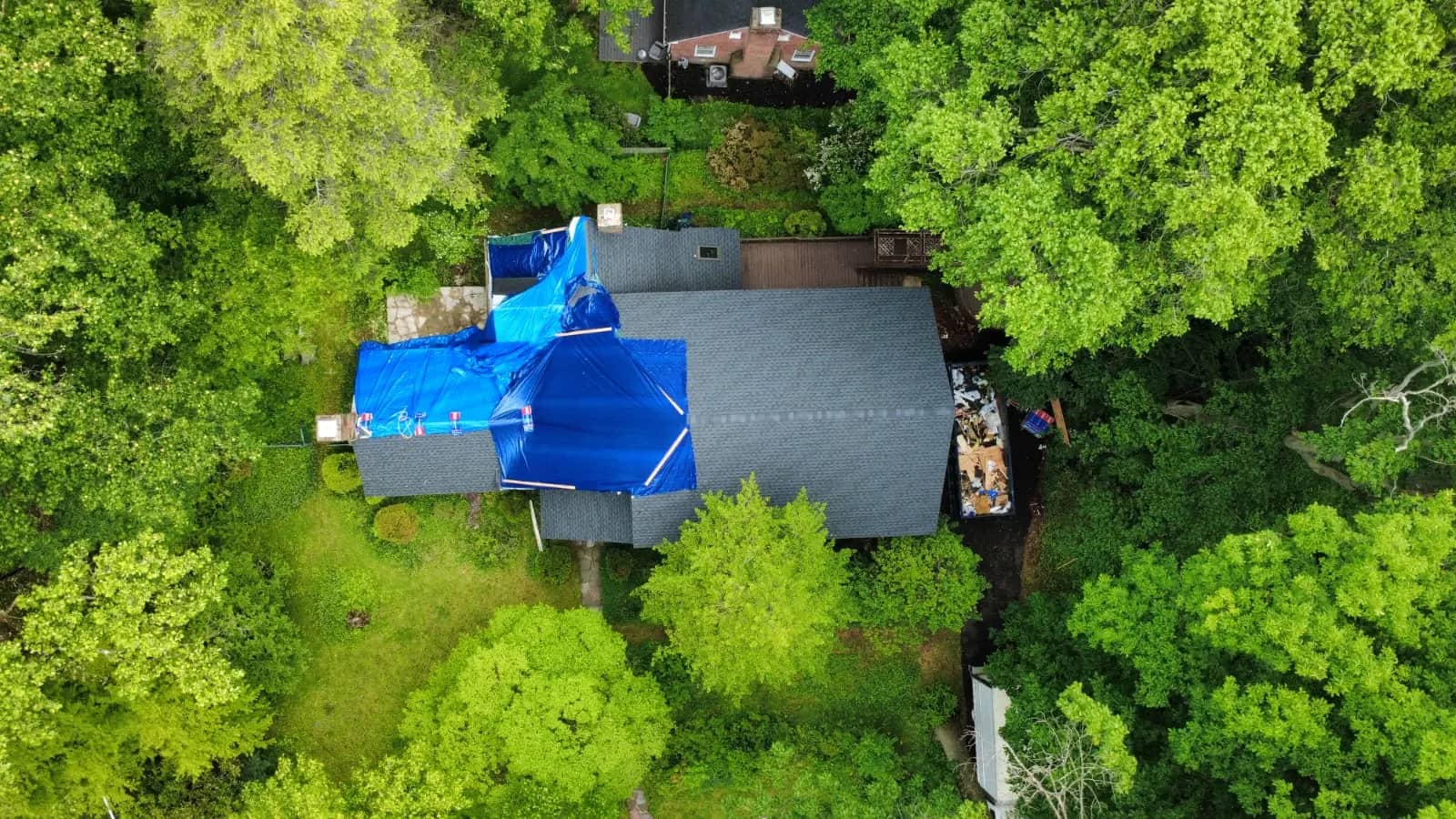 Aerial worksite view during a Merion Station roof replacement