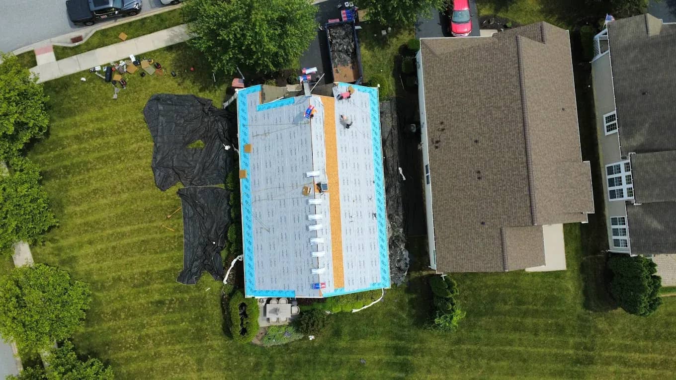 Aerial view during a Newark, Delaware roof replacement